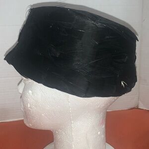 Vintage All Feathered Black Pillbox hat w/ pick a boo white feathers